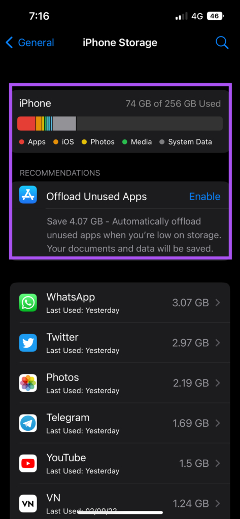 Offload Unused Apps را فعال کنید